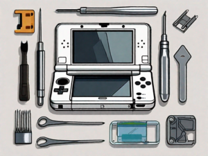 A disassembled ds lite with its hinge components clearly visible and some tools like a screwdriver and tweezers beside it