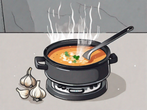 A pot of soup on a stove with garlic cloves floating in it