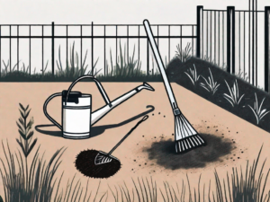 A patch of black grass with tools such as a rake