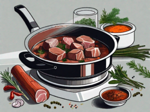 A pot of stew on a stove with a meat tenderizer and various herbs and spices nearby