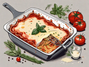 A dry lasagna in a baking dish with a dropper adding moisture to it