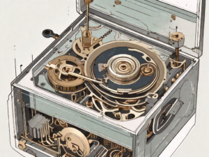 A disassembled music box with its winding mechanism and other key components clearly visible