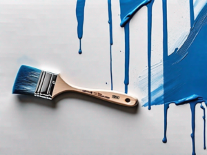 A paintbrush applying blue paint on a wall with strips of masking tape