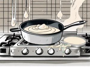 A pot on a stove with a whisk stirring a creamy alfredo sauce