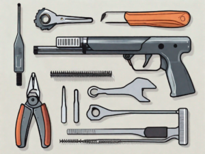 A disassembled pricing gun with its various parts spread out neatly