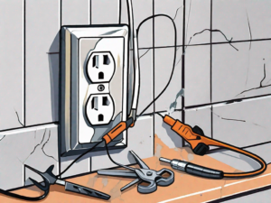 A damaged electrical outlet with a toolkit beside it