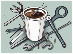 A broken java coffee cup being fixed with tools like a wrench and screwdriver