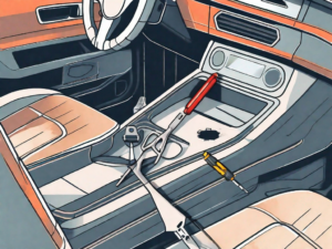 A car's interior focusing on the usb port with various tools like a screwdriver and pliers nearby