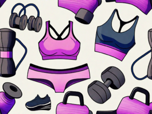 A sports bra and various fitness equipment like dumbbells