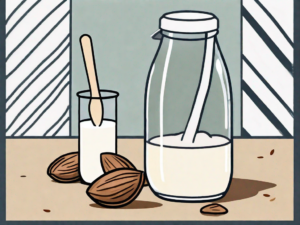 A glass of almond milk being stirred with a spoon