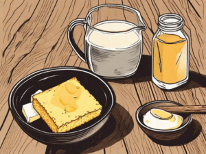 A piece of dry cornbread next to a jug of milk