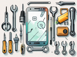 An android smartphone with a large emoji question mark on its screen and various tools like a screwdriver and wrench around it