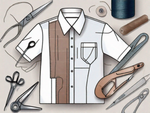 A stretched-out collar on a shirt next to a set of sewing tools