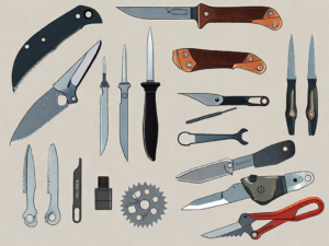 A disassembled spring-loaded knife with its various components laid out