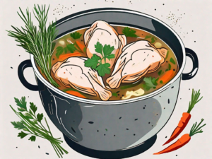 A pot of chicken soup with various ingredients like fresh herbs