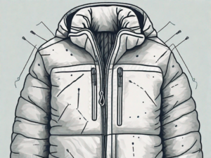 A down jacket with a small hole being mended by a needle and thread