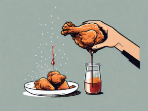 A fried chicken being sprinkled with sugar and a small bowl of vinegar on the side