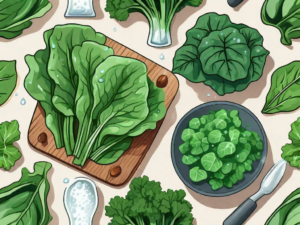 A variety of greens like spinach and kale on a chopping board