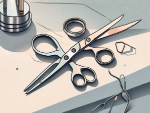 A pair of open scissors with visible screws and a small screwdriver next to them