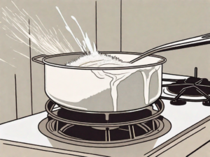 A saucepan on the stove with coconut milk being stirred