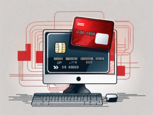 A credit card and a computer with a red error symbol on the screen