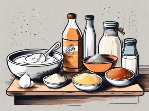 A kitchen counter with various ingredients like milk