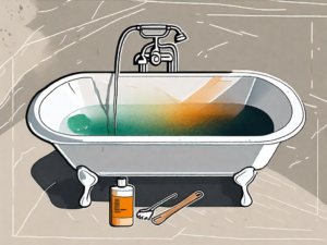 An acrylic bathtub with a visible chip and a repair kit nearby