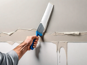 A close-up view of an uneven drywall seam with a putty knife applying joint compound to fix it