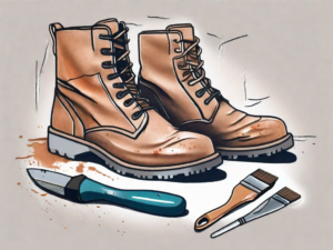 A pair of peeling faux leather boots with tools like a brush