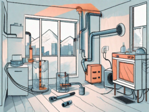 An apartment interior with visible pipes