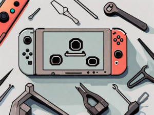 A nintendo switch console with a highlighted zl button and a set of miniature tools beside it