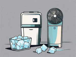 A deodorant stick partially melted next to a cooler with ice cubes and a small fan