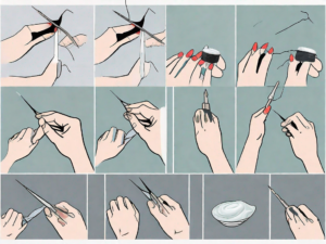 Various stages of a cracked dip nail being repaired