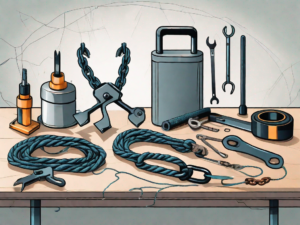 A broken rope chain spread out on a table with various repair tools around it