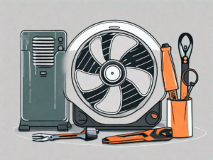 A stationary pc fan next to a set of small repair tools like a screwdriver and a can of compressed air