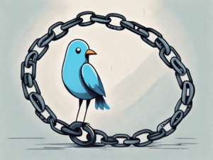 A twitter bird icon looking confused while standing next to a broken chain