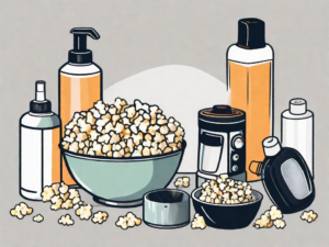 A bowl of popcorn surrounded by various household items like a spray bottle