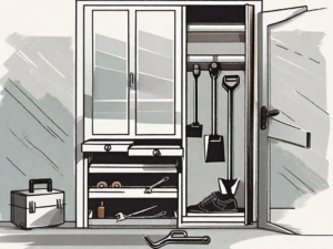 A slightly open sliding closet door with a toolbox and various tools like a screwdriver