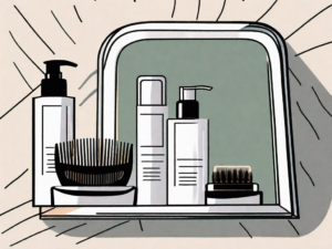 A vanity with various hair care products