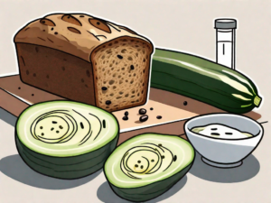 A slice of moist zucchini bread next to a whole loaf