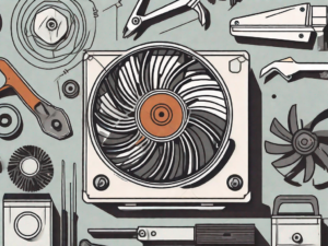 A disassembled fan with labeled parts