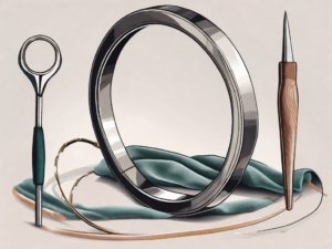 A bent ring next to a set of jeweler's tools and a straightened ring