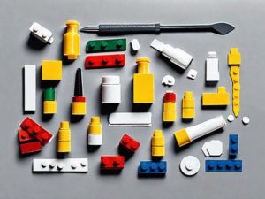 Various lego pieces with peeling stickers on a table