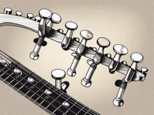 A broken guitar string with a detailed view of the tuning pegs