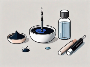 A dried-out felt tip eyeliner next to a small bowl of warm water and a bottle of eye drops