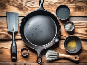 A cast iron skillet with visible flaking