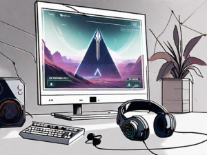 A pair of headphones next to a gaming console and a screen showing the interface of destiny 2