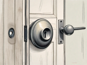 A detached door knob next to a door with an empty knob hole