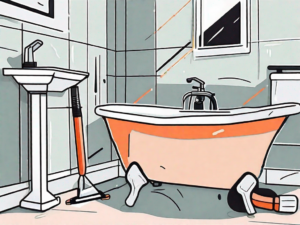 A bathroom corner with messy silicone caulk around the bathtub and a set of tools like a scraper