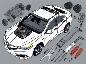 An acura tlx with an open hood revealing the car's mechanical parts